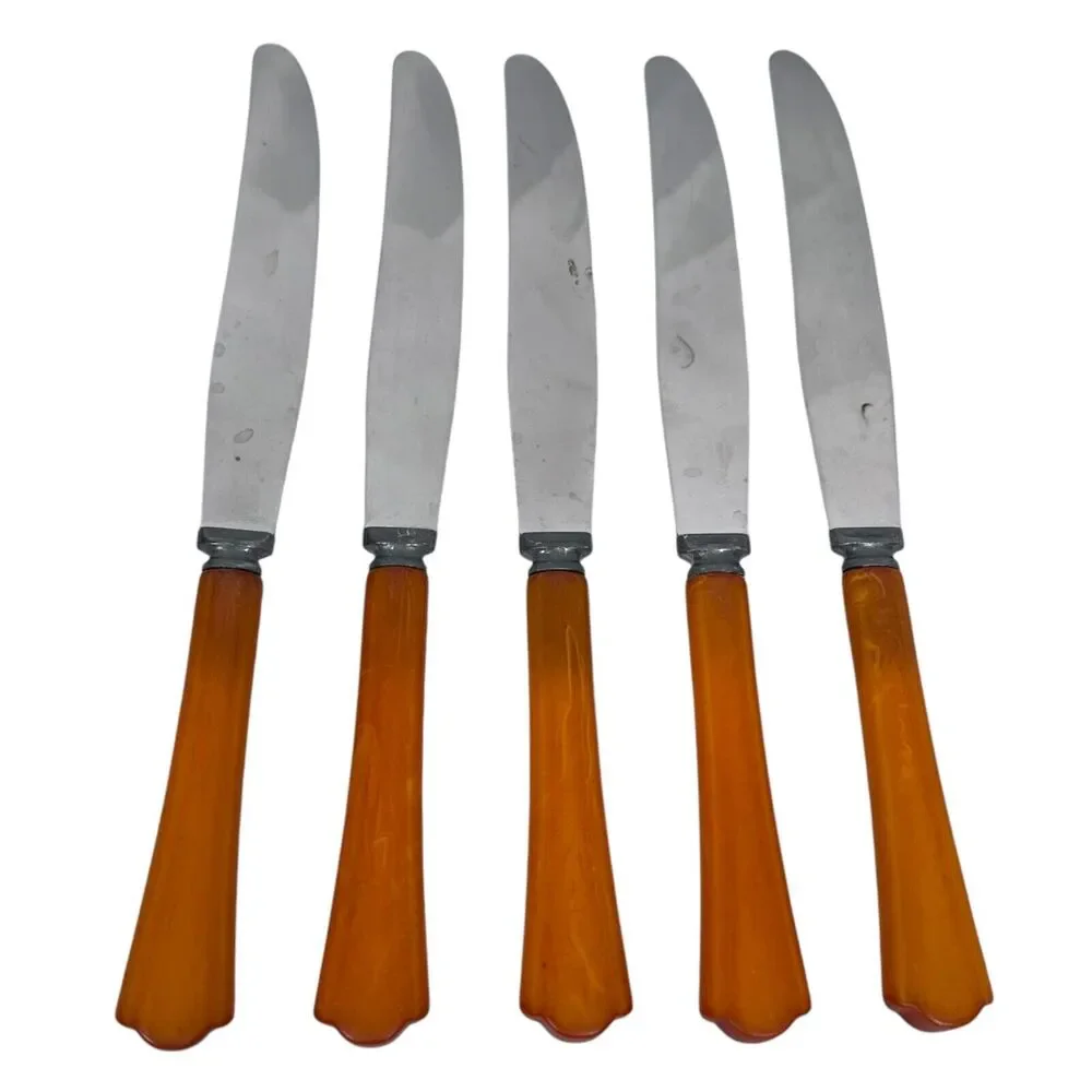 Washington Forge Dinner Knives Lot 5 Stainless‎ and Butterscotch Bakelite Handle
